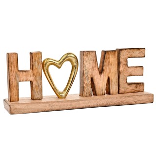 لوحة رف خشبية ومعدنية بكلمة "HOME" – بحرف "O" على شكل قلب ذهبي