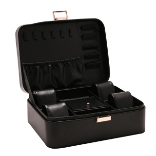 صندوق مجوهرات أسود مستطيل الشكل مع غطاء قابل للرفع